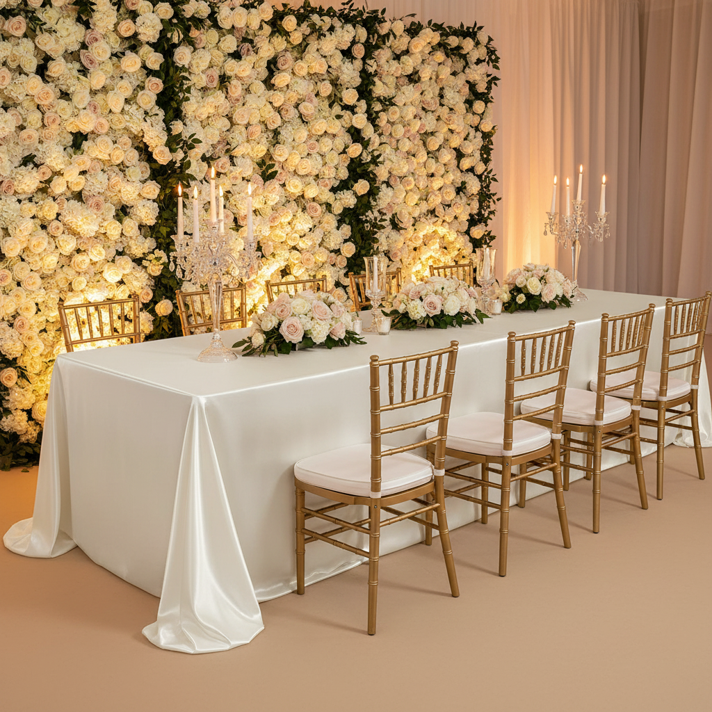 Premium Satin (Wrinkle-Resistant) King 108"x156" Rectangular Tablecloth Ivory wedding table in front a floral wall backdrop
