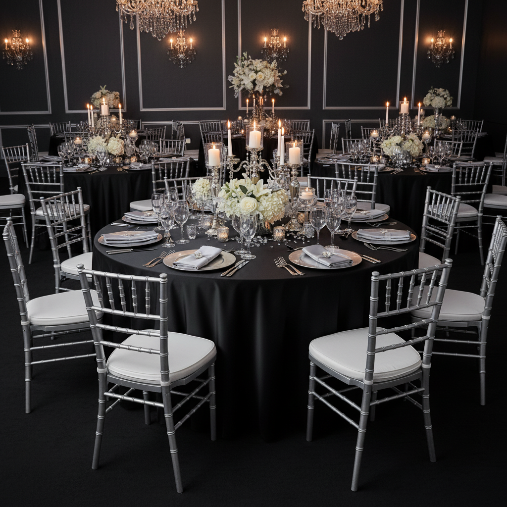 Black and silver elegant dinner with Premium Satin (Wrinkle-Resistant) Round Tablecloth Black