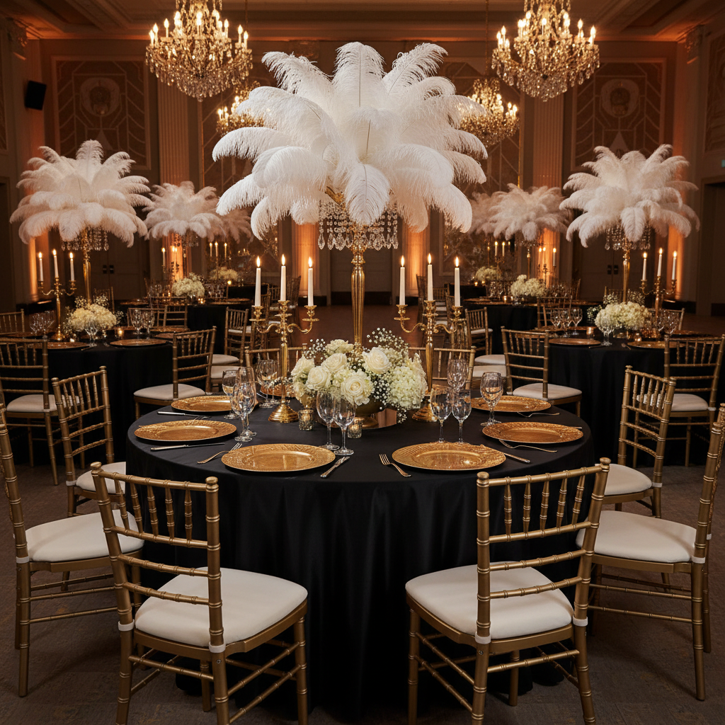 Great Gatsby dinner with Premium Satin (Wrinkle-Resistant) Round Tablecloth Black, gold charger plates, gold chiavari chairs and white pampas stem centerpieces