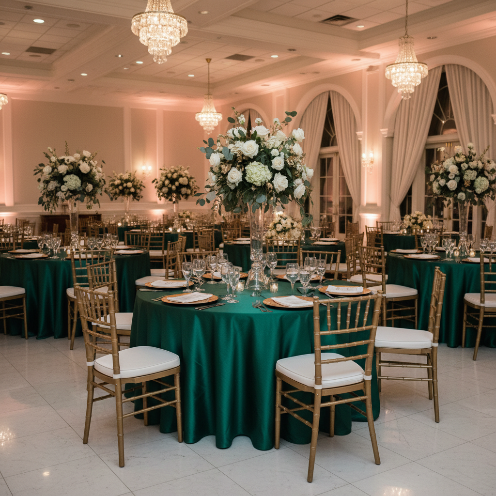 Wedding reception with the Premium Satin (Wrinkle-Resistant) Round Tablecloth Emerald Green and gold chiavari chairs