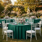 Romantic garden wedding with Premium Satin (Wrinkle-Resistant) Round Tablecloth Emerald Green with white chiavari chairs