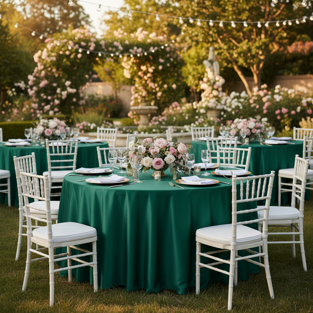 Romantic garden wedding with Premium Satin (Wrinkle-Resistant) Round Tablecloth Emerald Green with white chiavari chairs