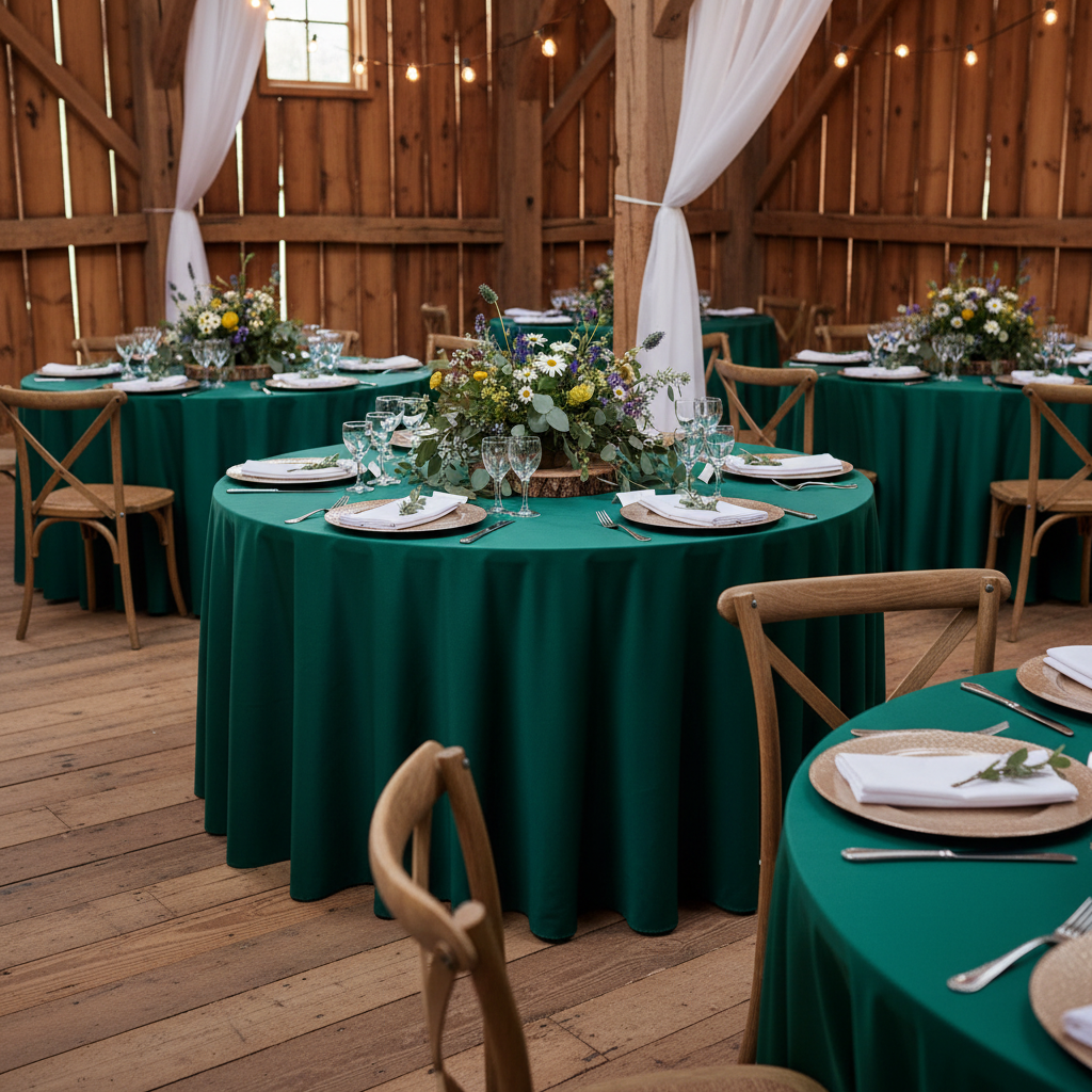 Rustic wedding setting with athe Premium Satin (Wrinkle-Resistant) Round Tablecloth Emerald Green with rustic brown chairs and wild flower centerpieces