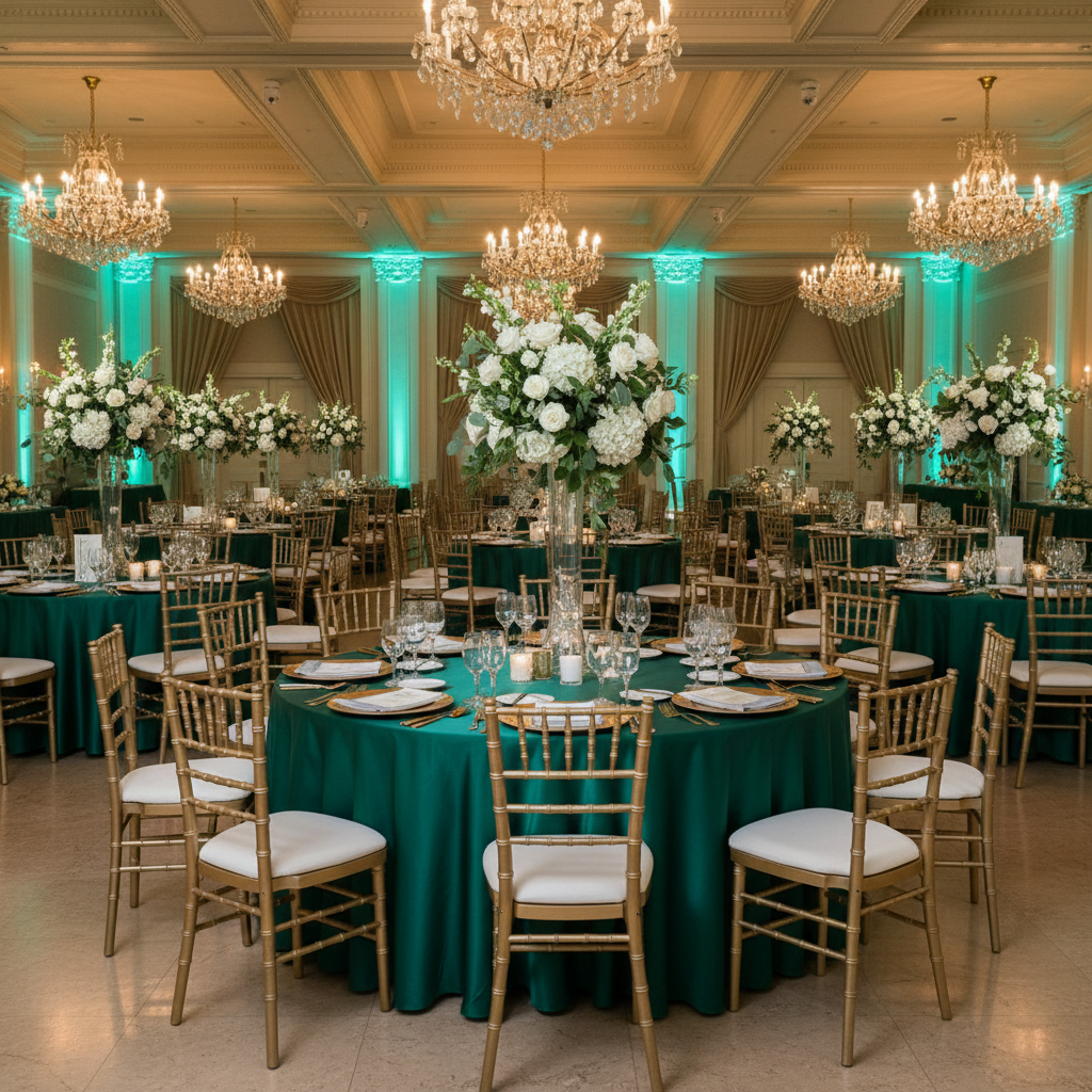 Premium Satin (Wrinkle-Resistant) Round Tablecloth Emerald Green for wedding a ballroom with gold chairs, gold charger plates and white floral centerpieces