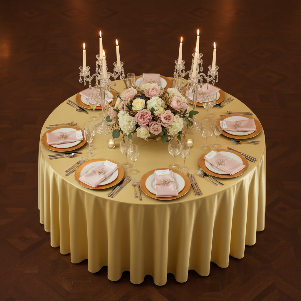 birds eye view of the Premium Satin Wrinkle Resistant Round Tablecloth Gold Antique Wedding Reception Tablescape with gold charger plates, blush napkins and candelabra with tapered candles