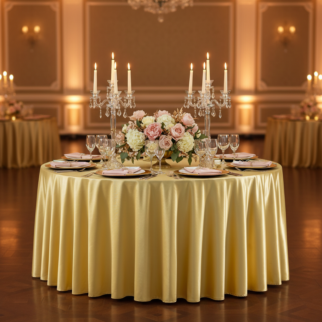 Premium Satin Wrinkle Resistant Round Tablecloth Gold Antique Wedding Reception Tablescape with gold charger plates, blush napkins and candelabra with tapered candles