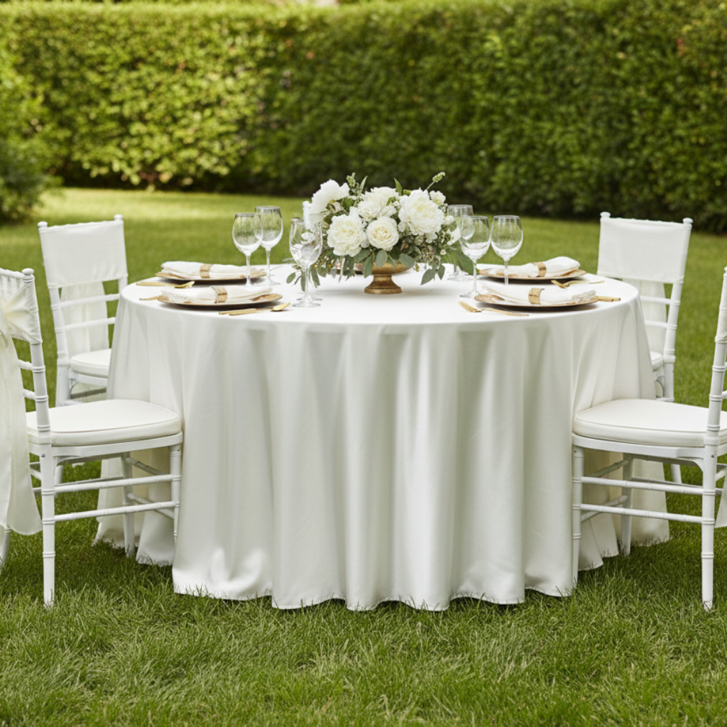 outdoor garden party using Premium Satin (Wrinkle-Resistant) Round Tablecloth - Ivory 
