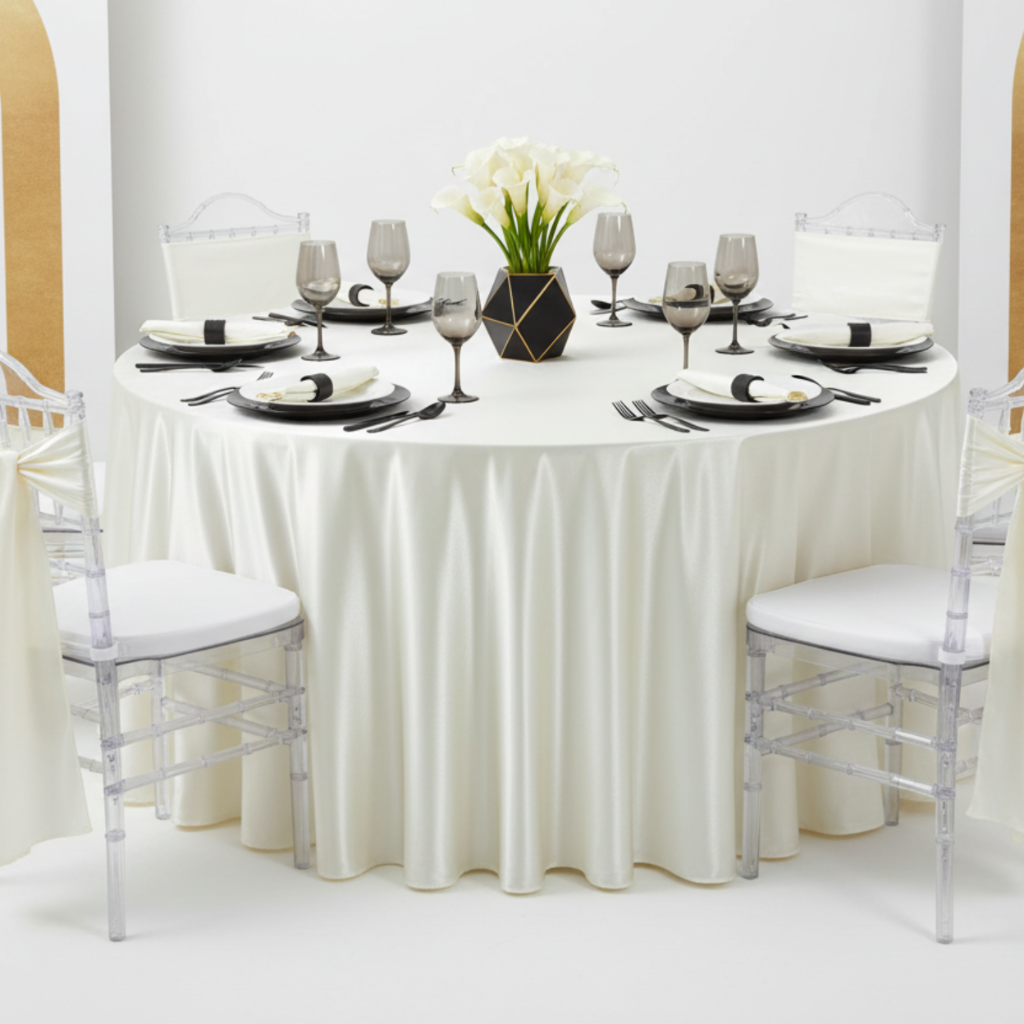 indoor formal dinner with Premium Satin (Wrinkle-Resistant) Round Tablecloth - Ivory 
