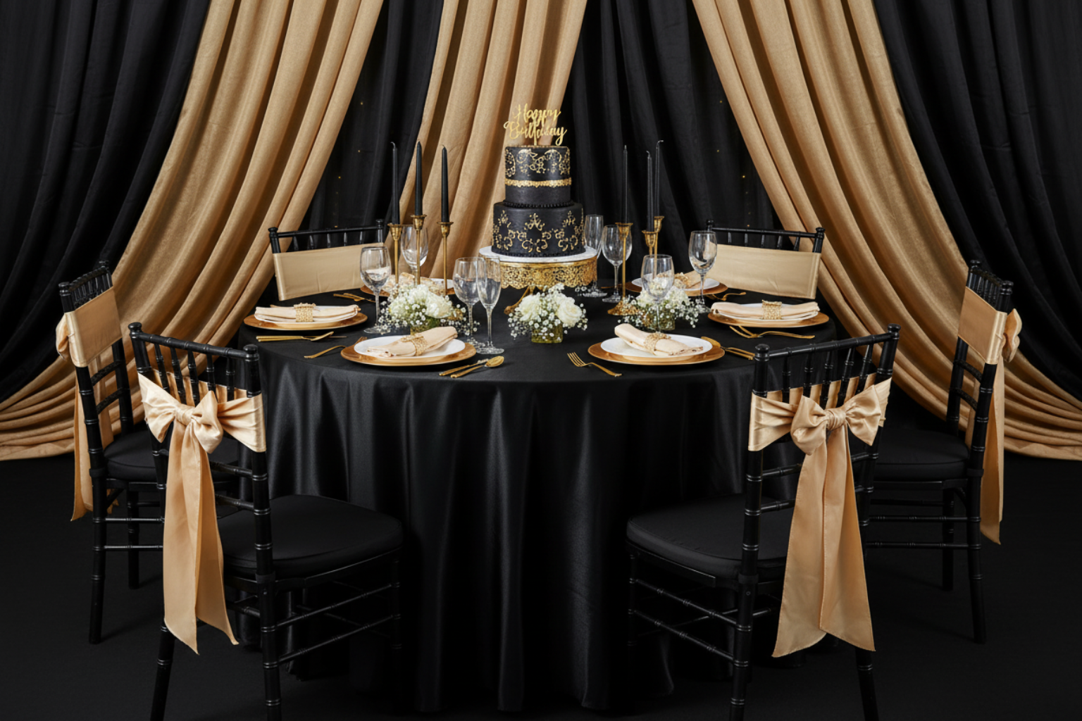 birthday celebration with Premium Satin (Wrinkle-Resistant) 120" Round Tablecloth - Black and gold chair sash tie