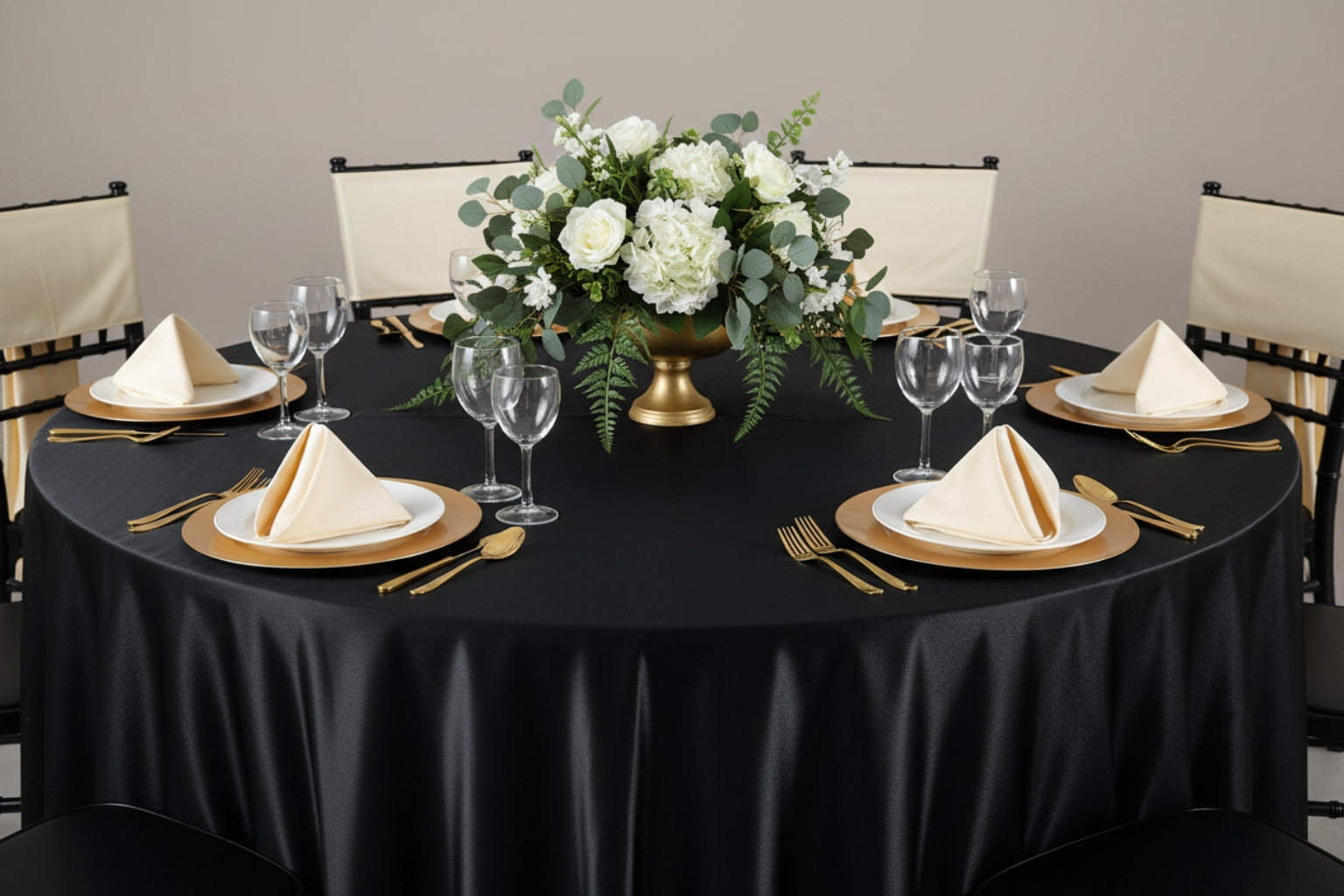 corporate dinner using Premium Satin (Wrinkle-Resistant) 120" Round Tablecloth - Black with ivory napkin and chair sash tie