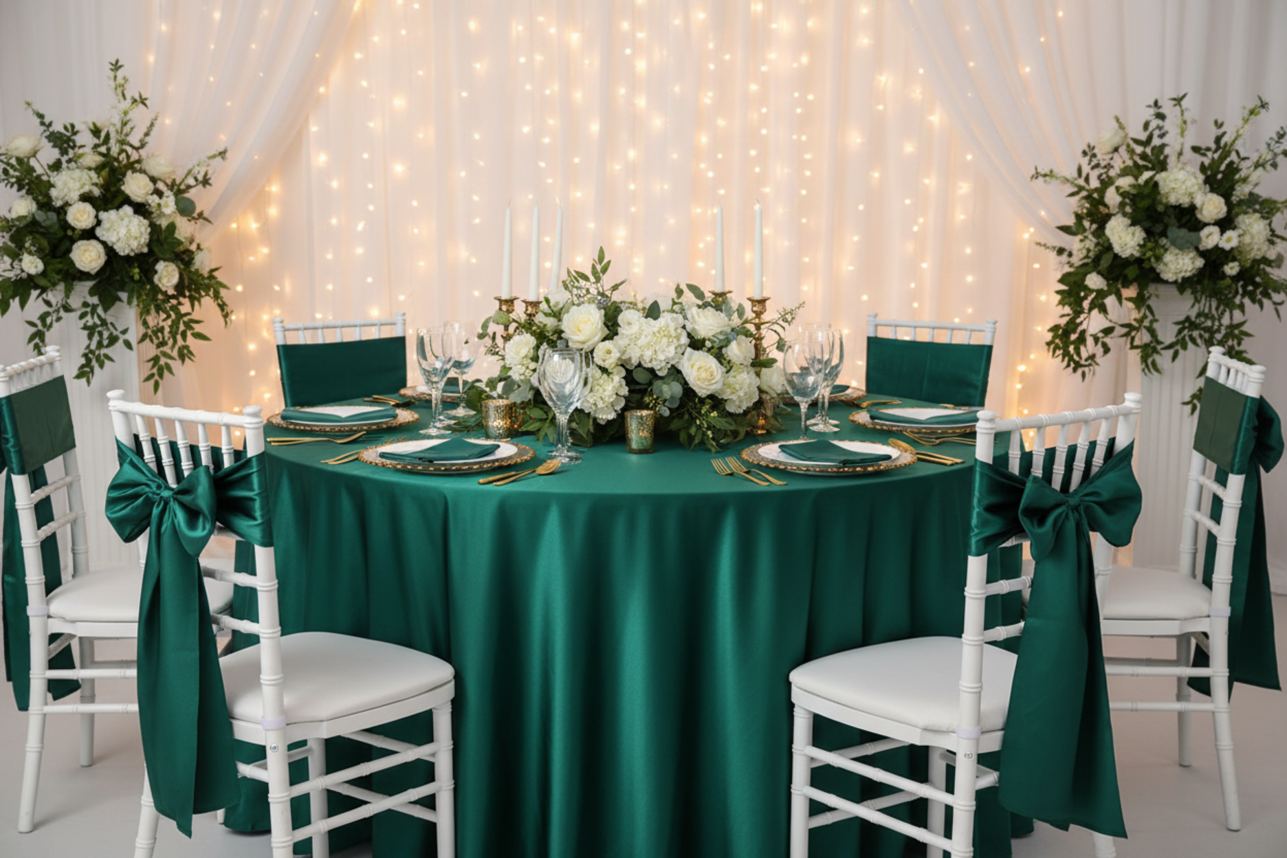 wedding with Premium Satin (Wrinkle-Resistant) 120" Round Tablecloth - Emerald Green and emerald green chair sash tie