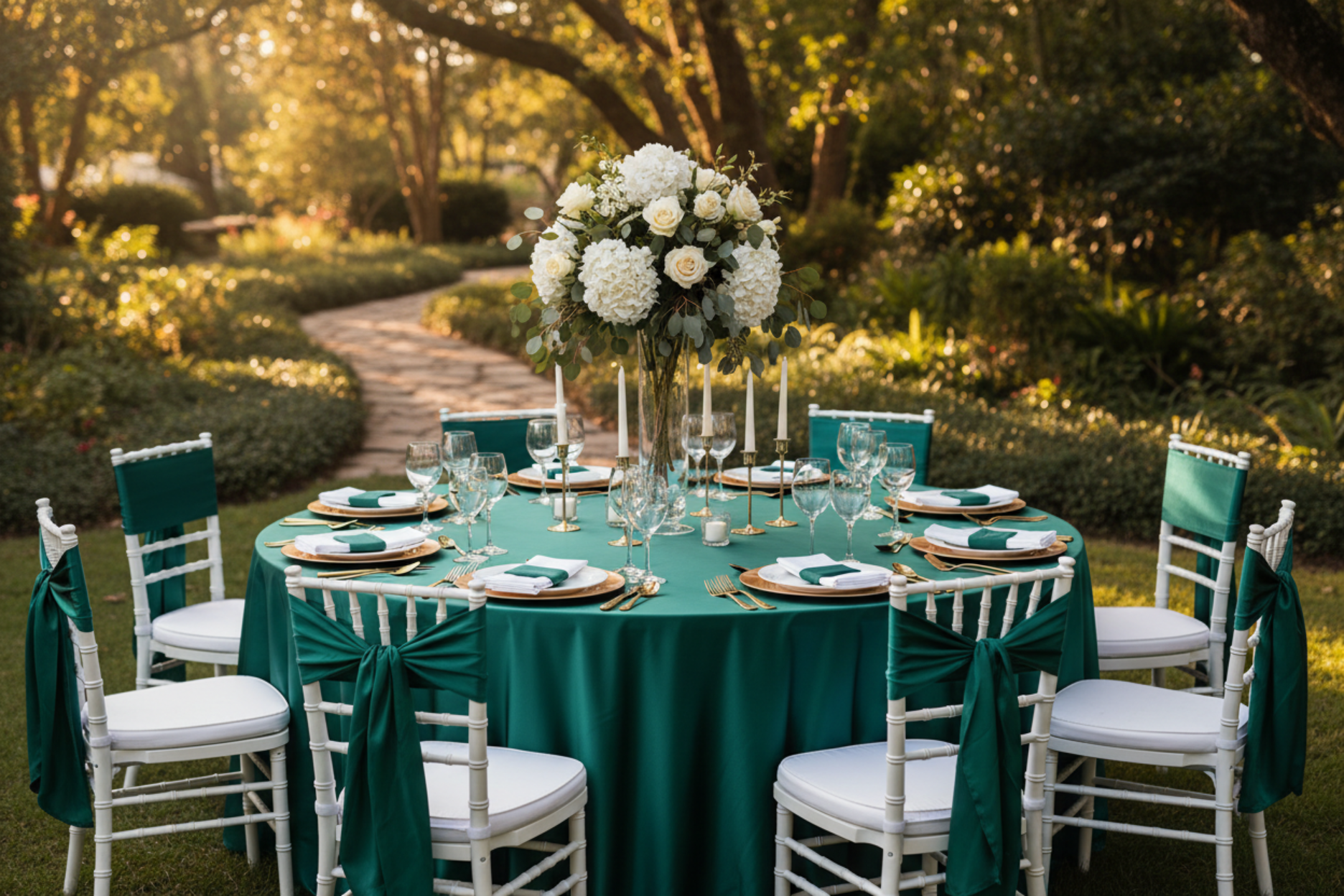 garden wedding with Premium Satin (Wrinkle-Resistant) 120" Round Tablecloth - Emerald Green
