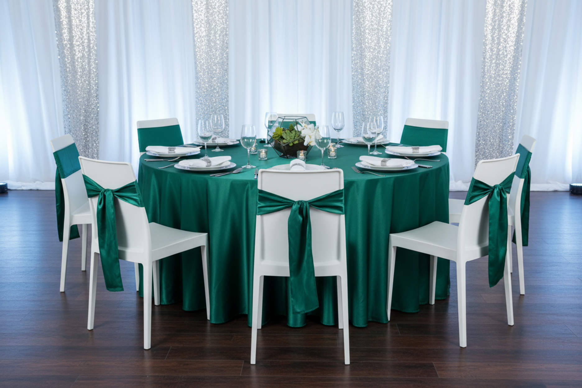 intimate wedding setup with Premium Satin (Wrinkle-Resistant) 120" Round Tablecloth - Emerald Green 
