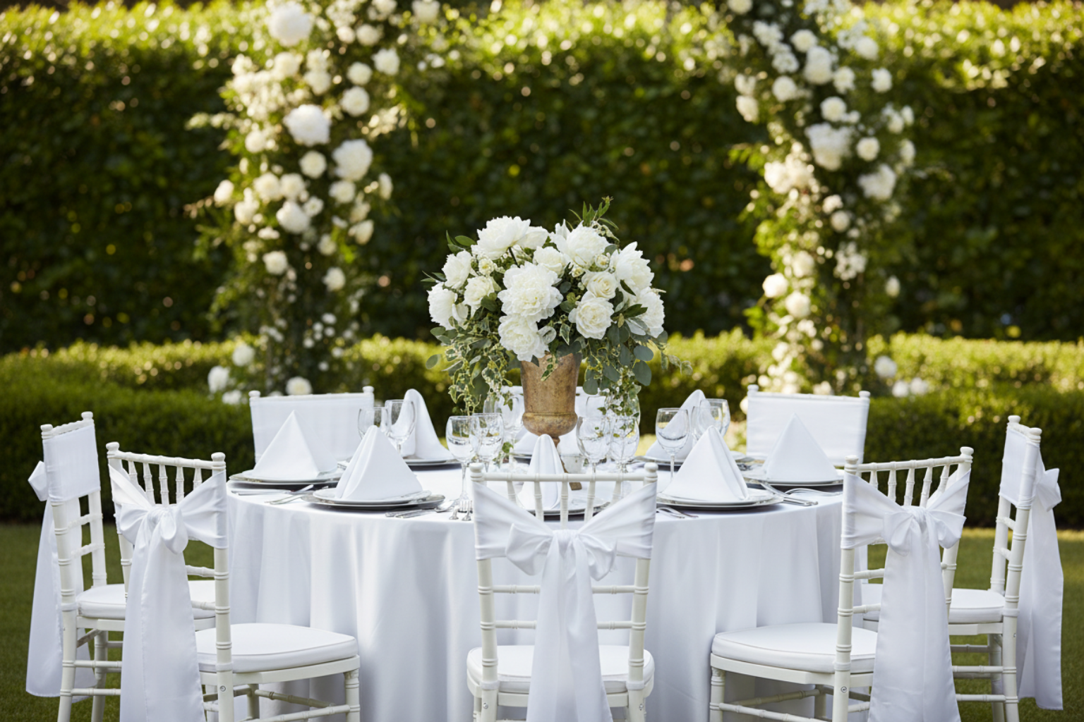 outdoor garden wedding with Premium Satin (Wrinkle-Resistant) 120" Round Tablecloth - White 

