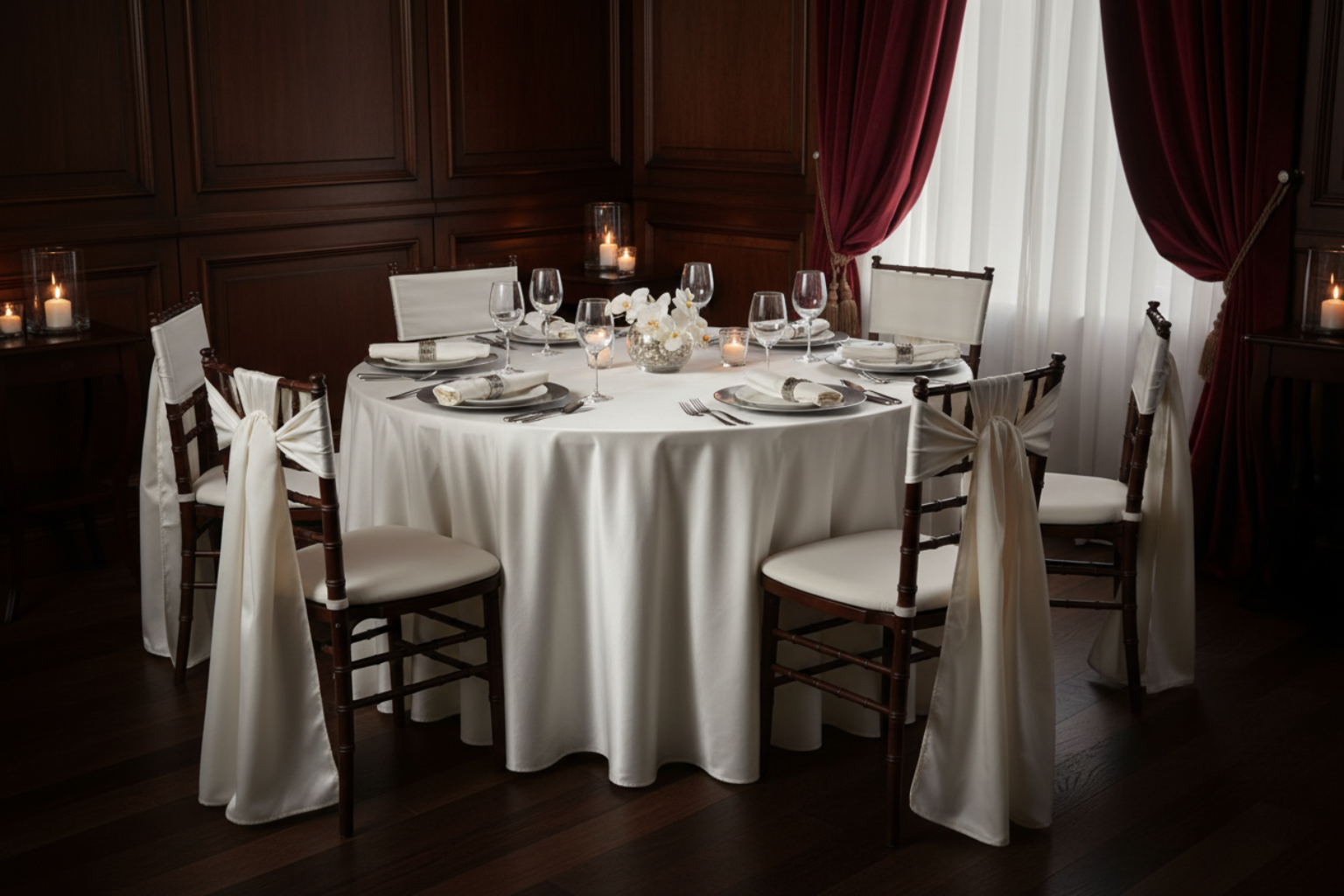 private dinner with Premium Satin (Wrinkle-Resistant) 132" Round Tablecloth - Ivory 

