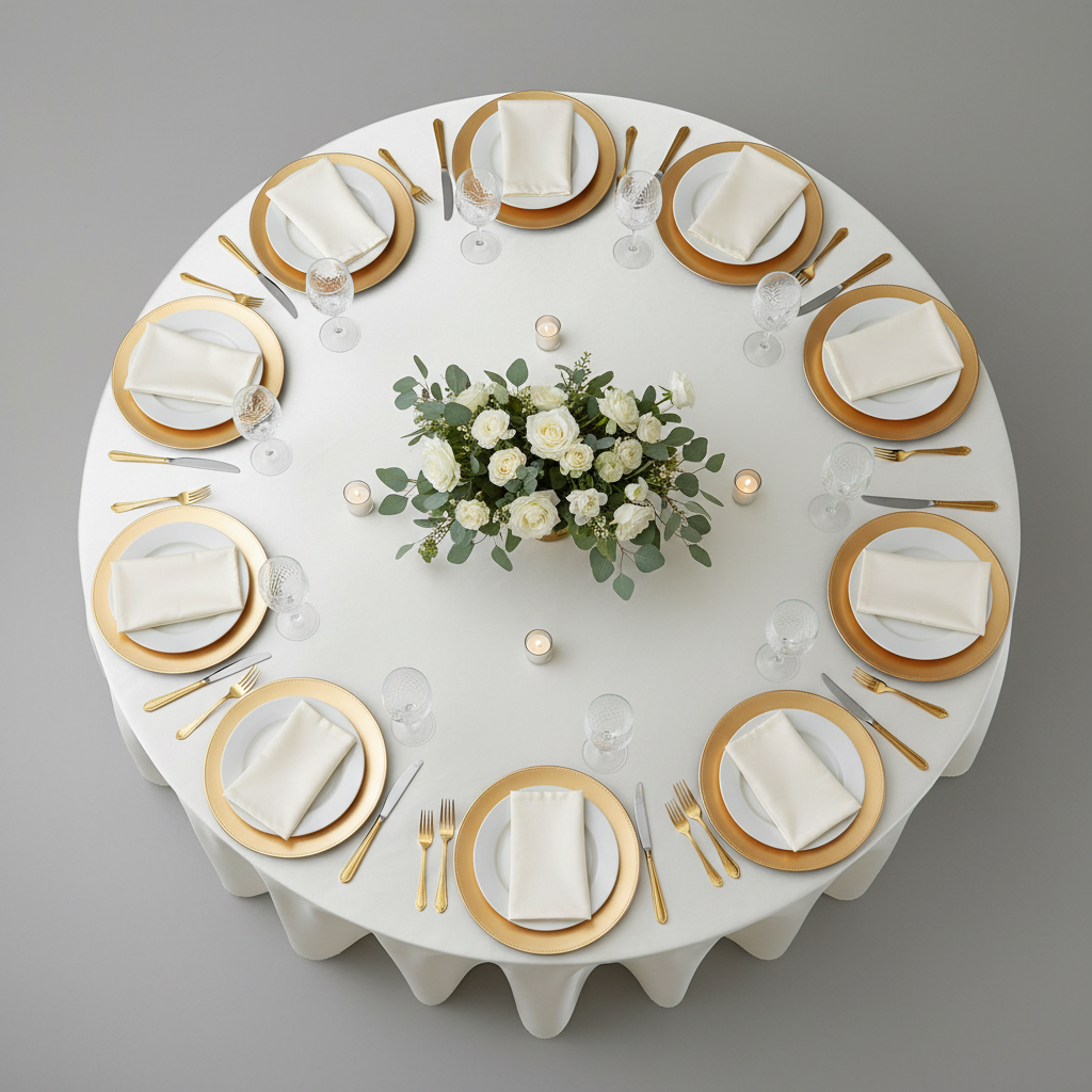 top view of Premium Satin (Wrinkle-Resistant) 132" Round Tablecloth - Ivory 
