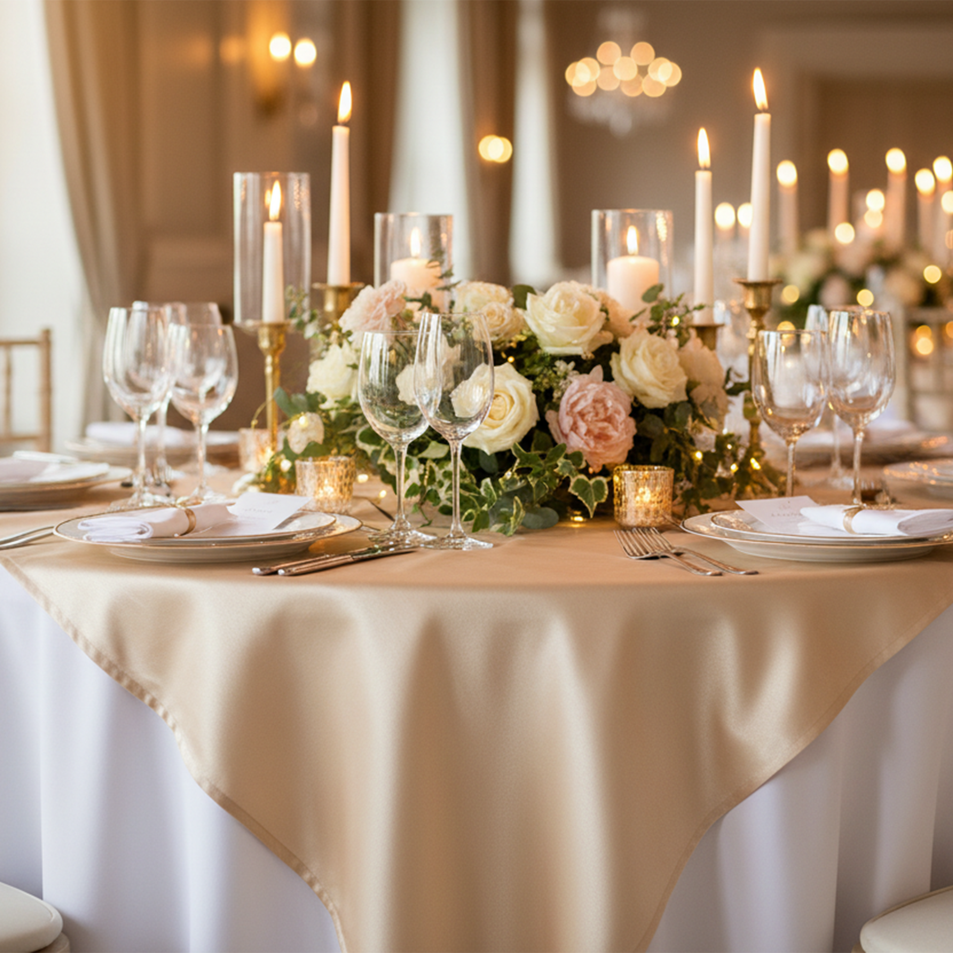Premium Spun Polyester Square 90"x90" Overlay/Tablecloth Champagne on top a white tablecloth, with glass wine goblets, floral centerpiece and white charger plates