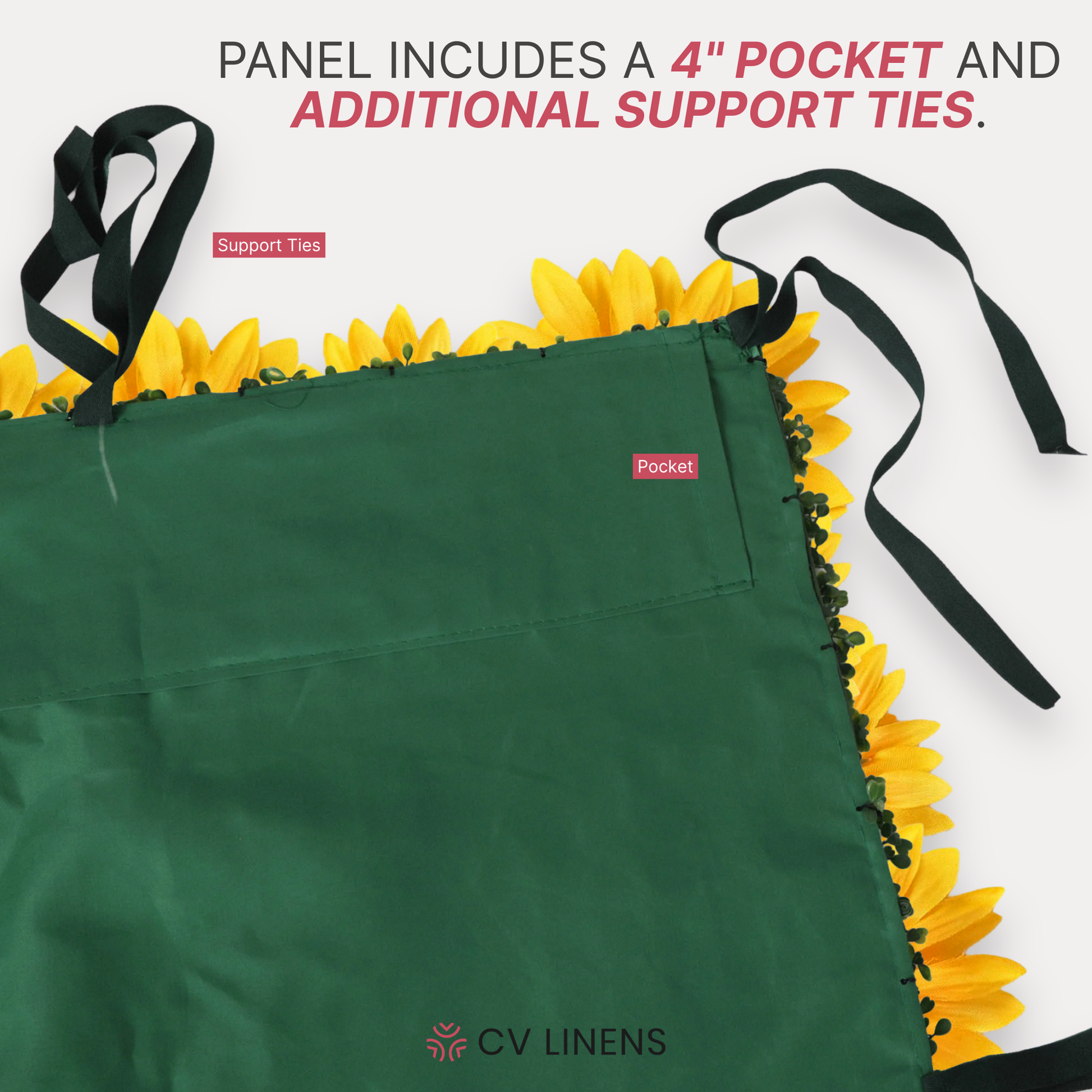 Premium Sunflower Wall Roll Up Backdrop 8ft x 4ft infographic showing pocket and support ties