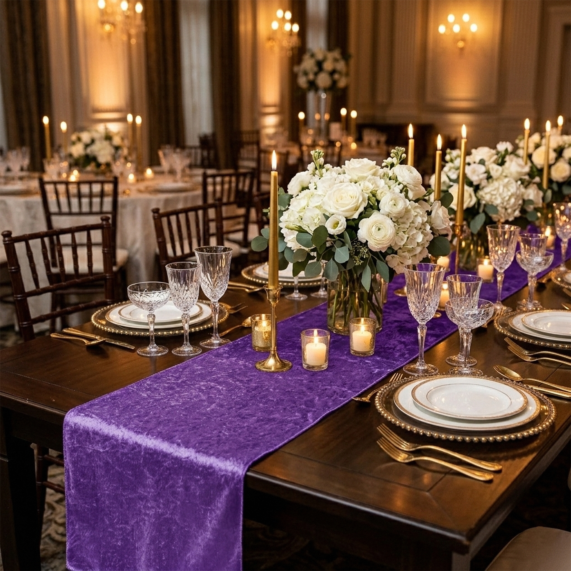 Velvet Table Runner Purple paired with gold candle holders, floral centerpieces and gold accents