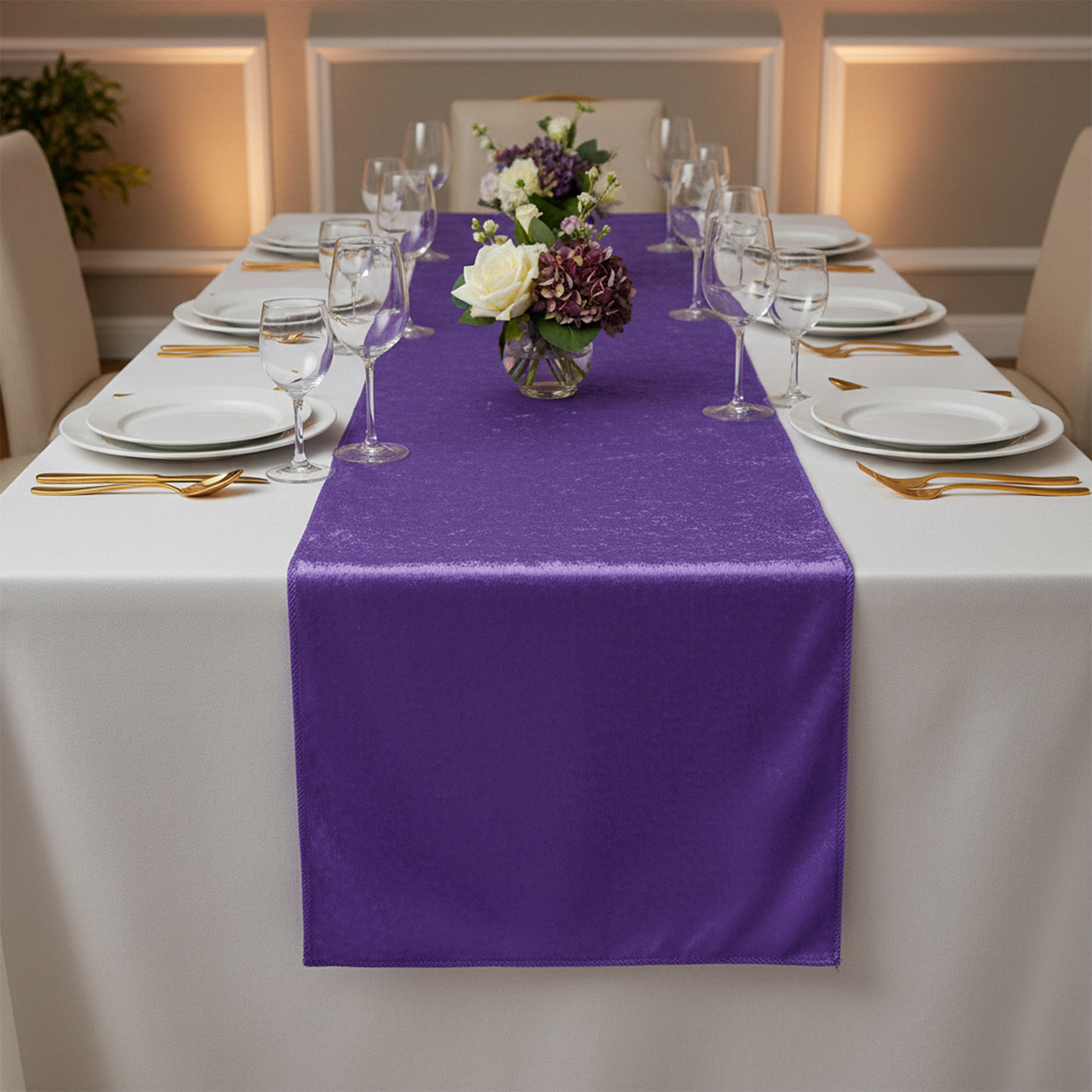Velvet Table Runner Purple on a white rectangular tablecloth