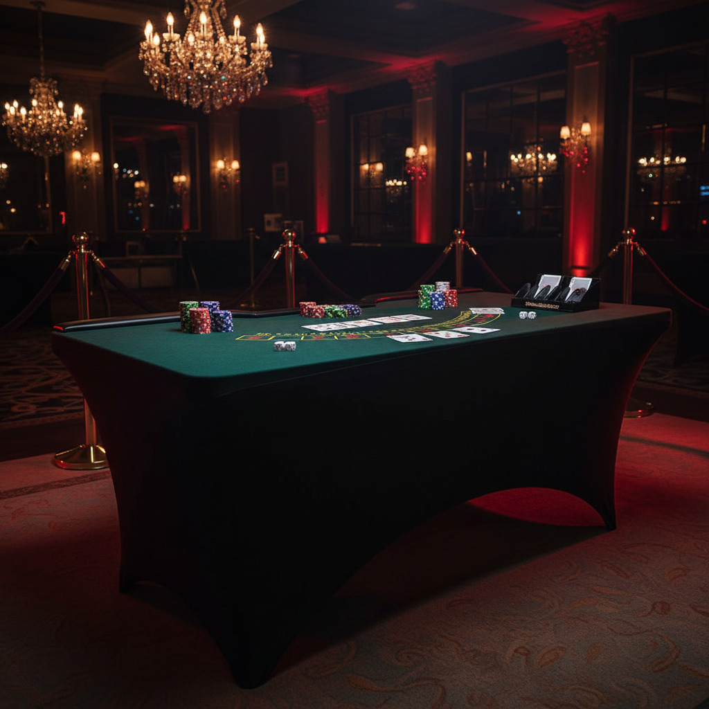 hotel casino table setup with Rectangular 6 FT Spandex Table Cover - Black