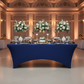Rectangular 8 FT Spandex Table Cover - Navy Blue with silver dinner wares for buffet setup
