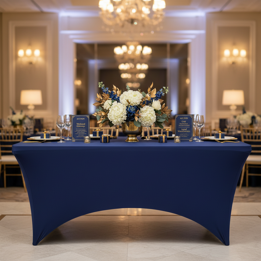 Rectangular 8 FT Spandex Table Cover - Navy Blue for a charity event reception