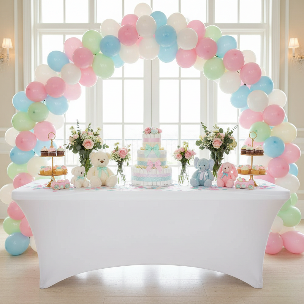 baby shower with Rectangular 8 FT Spandex Table Cover - White