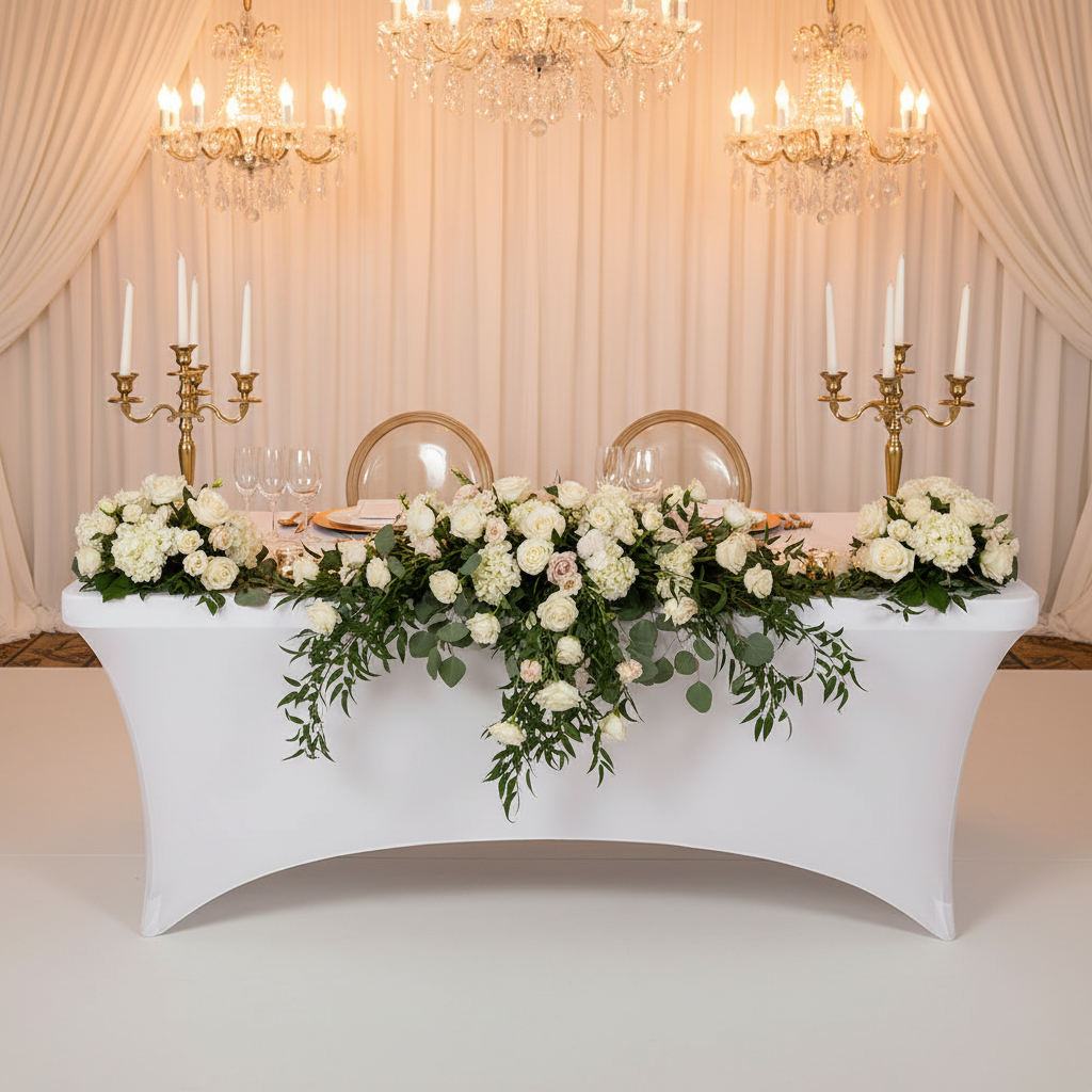 wedding head table with Rectangular 8 FT Spandex Table Cover - White