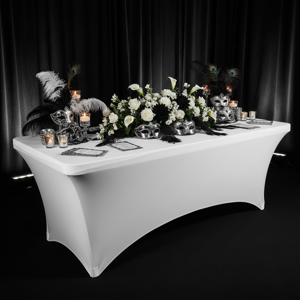 masquerade welcome table setup with Rectangular 8 FT Spandex Table Cover - White