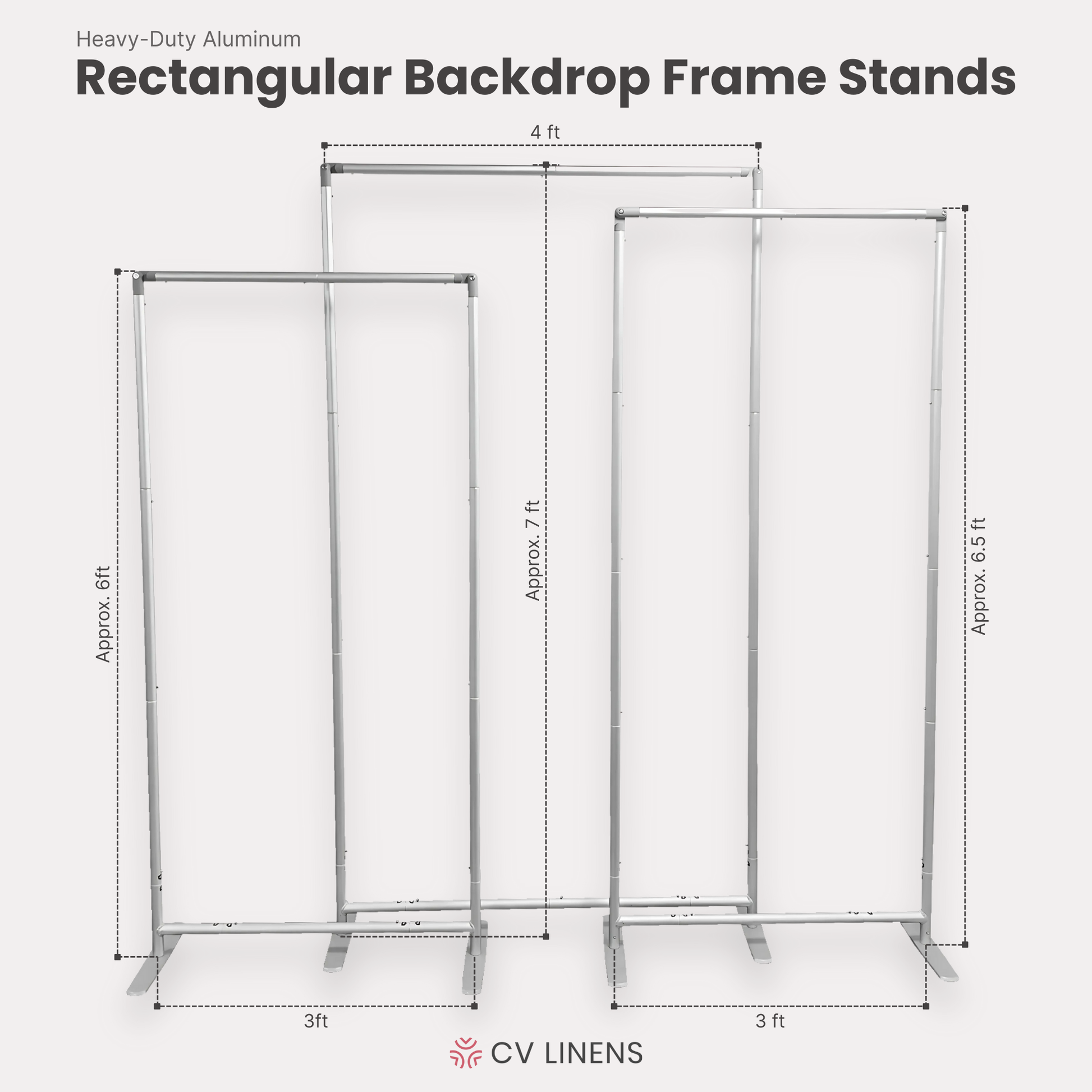 Infographic photo of 3 pc/set Heavy Duty Rectangular Backdrop Frame Stands - Silver