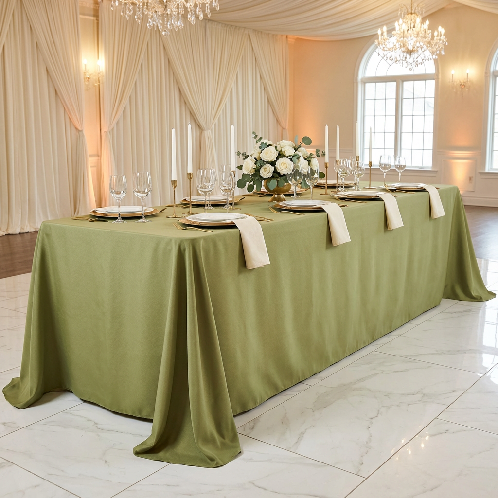 Rectangular Oblong Premium Polyester Tablecloth Moss Green paired with gold charger plates, white dinner plates and wine glasses