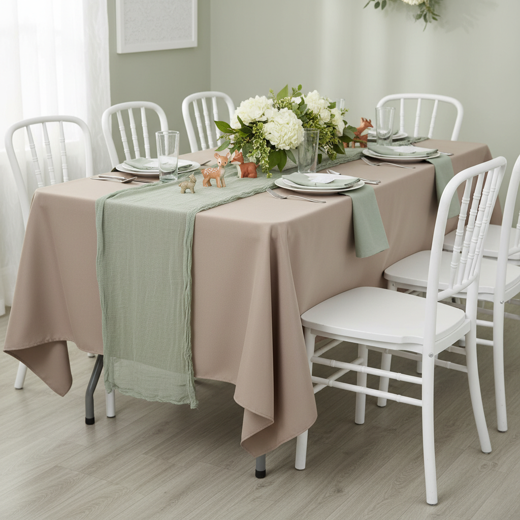 Rectangular Premium Polyester Tablecloth 60"x126" - Taupe for a baby shower table setup