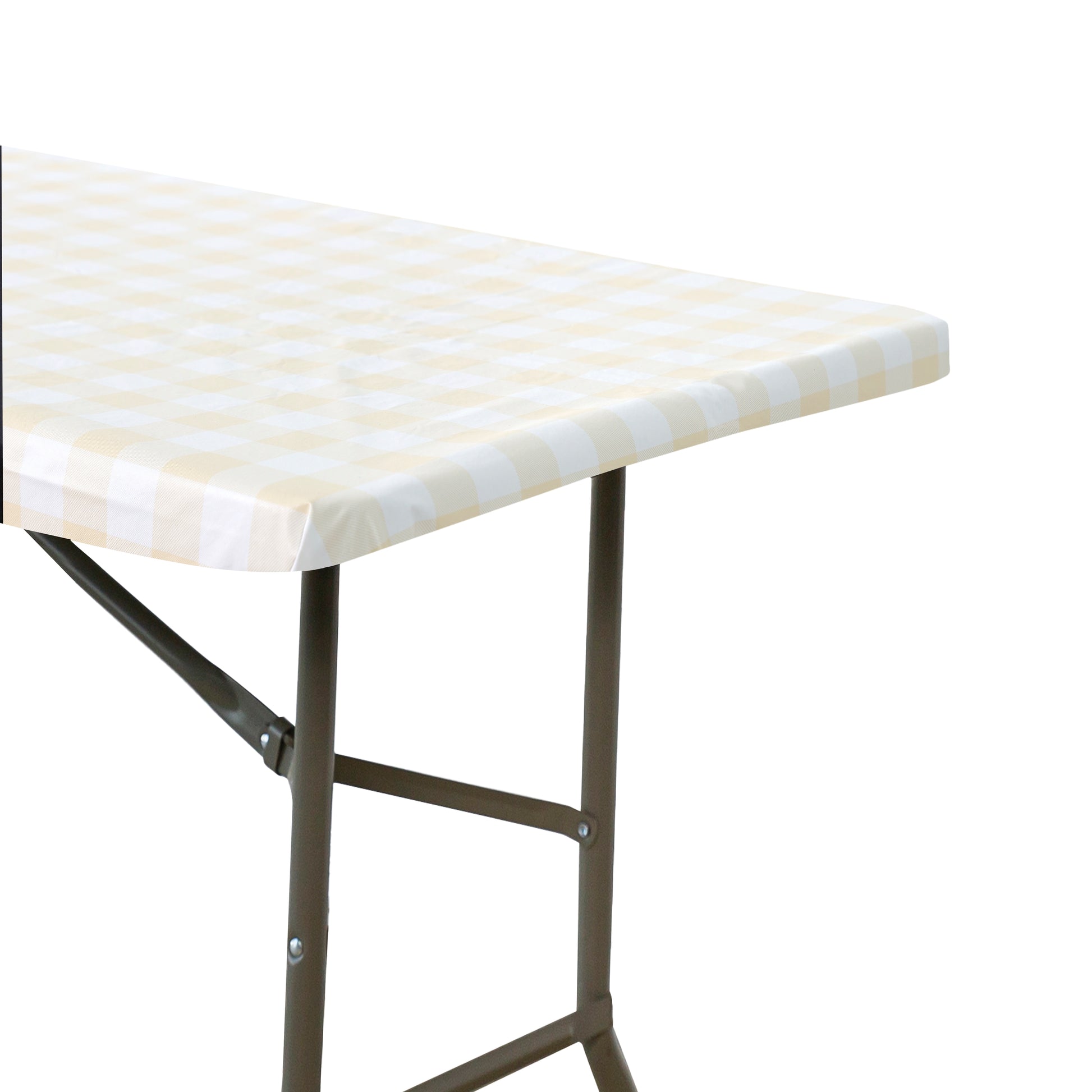 Rectangular Tablecloth 60"x84" Waterproof Vinyl Flannel Backing Checkered Design Champagne edge view close up