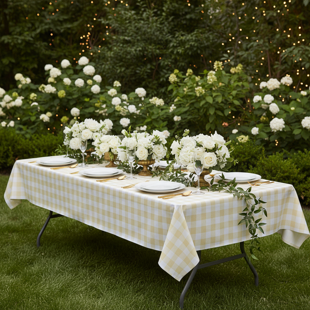 Rectangular Tablecloth 60"x84" Waterproof Vinyl Flannel Backing Checkered Design - Champagne