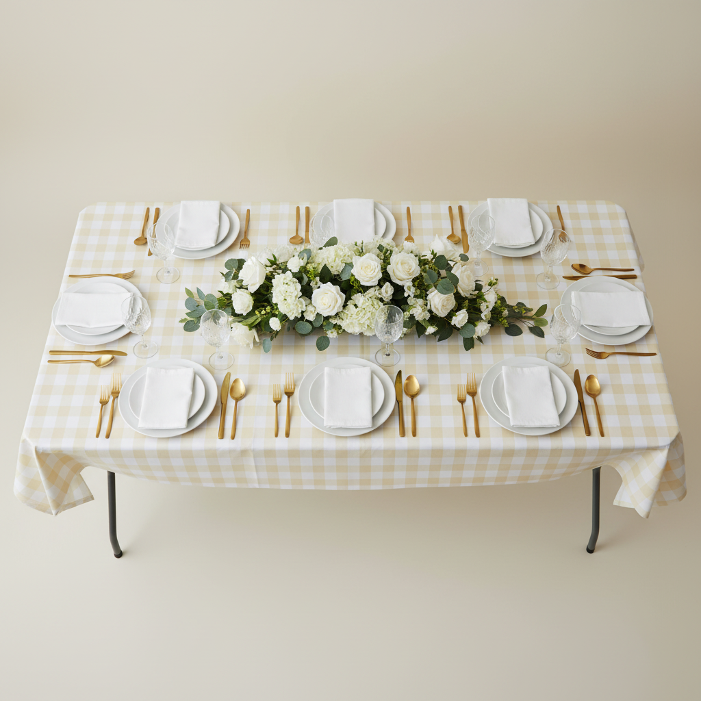 Rectangular Tablecloth 60"x84" Waterproof Vinyl Flannel Backing Checkered Design - Champagne