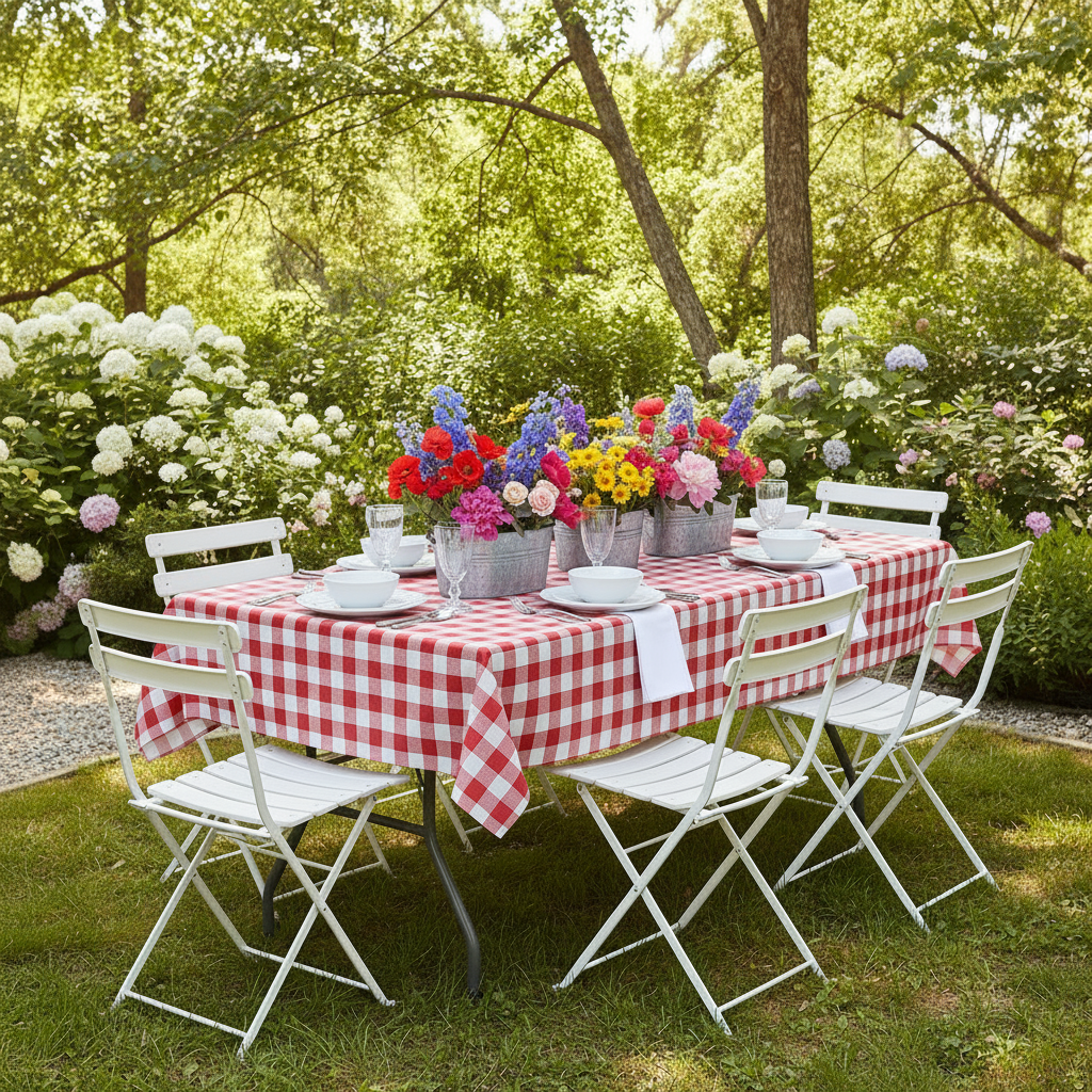 Rectangular Tablecloth 60"x84" Waterproof Vinyl Flannel Backing Checkered Design - Red on a table setup for outdoor breakfast