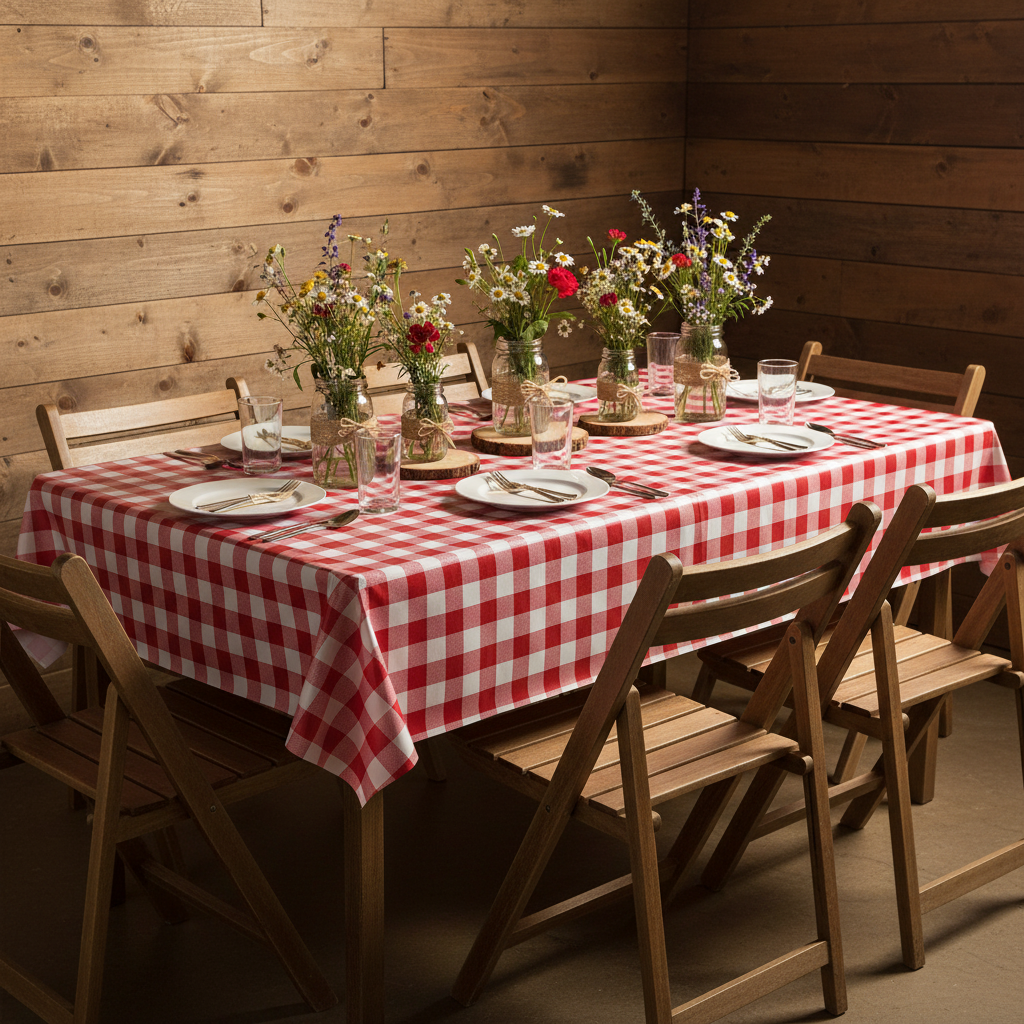 Rectangular Tablecloth 60"x84" Waterproof Vinyl Flannel Backing Checkered Design - Red on a table setup for rustic themed indoor dinner