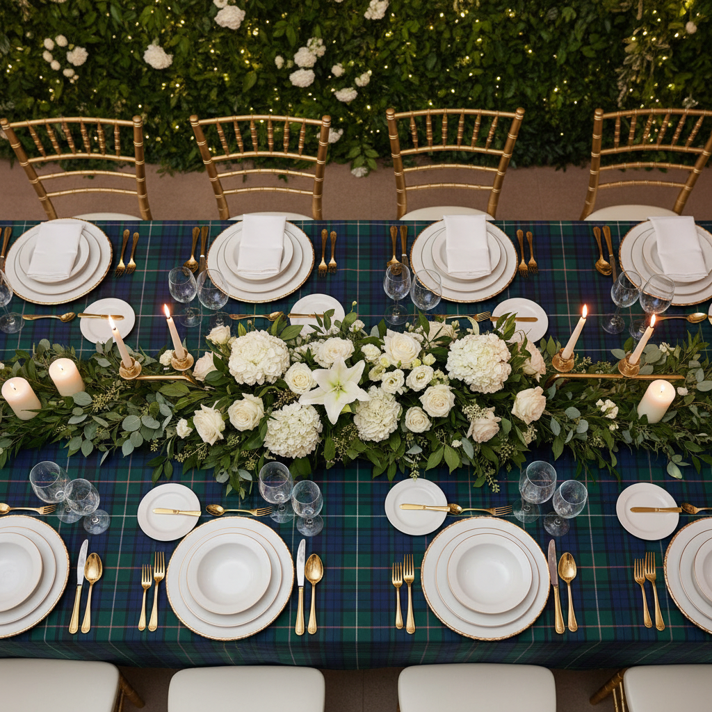 Rectangular Tartan Plaid Polyester Tablecloth Green/Blue Garden reception Bird's Eye View