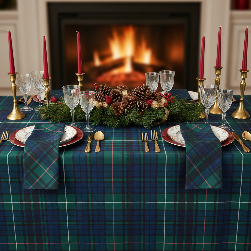 Rectangular Tartan Plaid Polyester Tablecloth Green/Blue Holiday Dinner setting