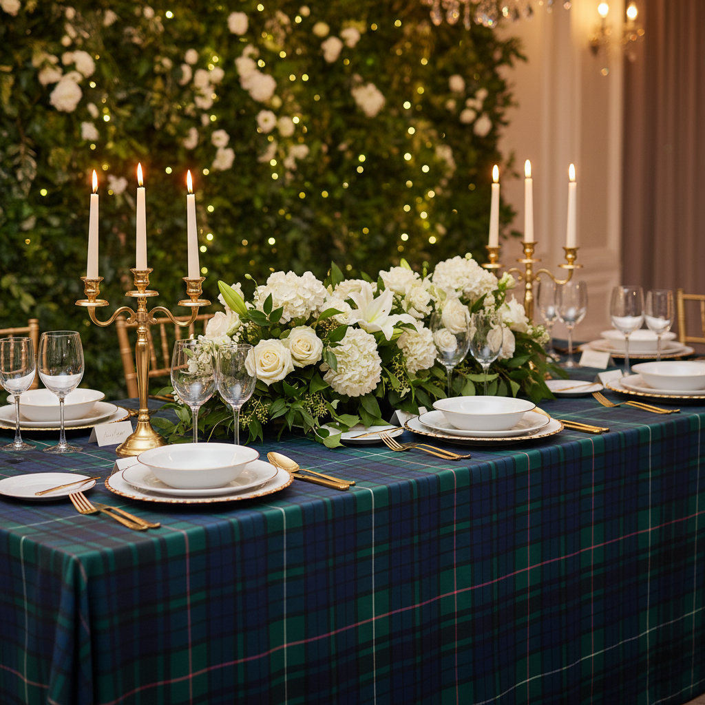 Rectangular Tartan Plaid Polyester Tablecloth Green/Blue Wedding Reception 
