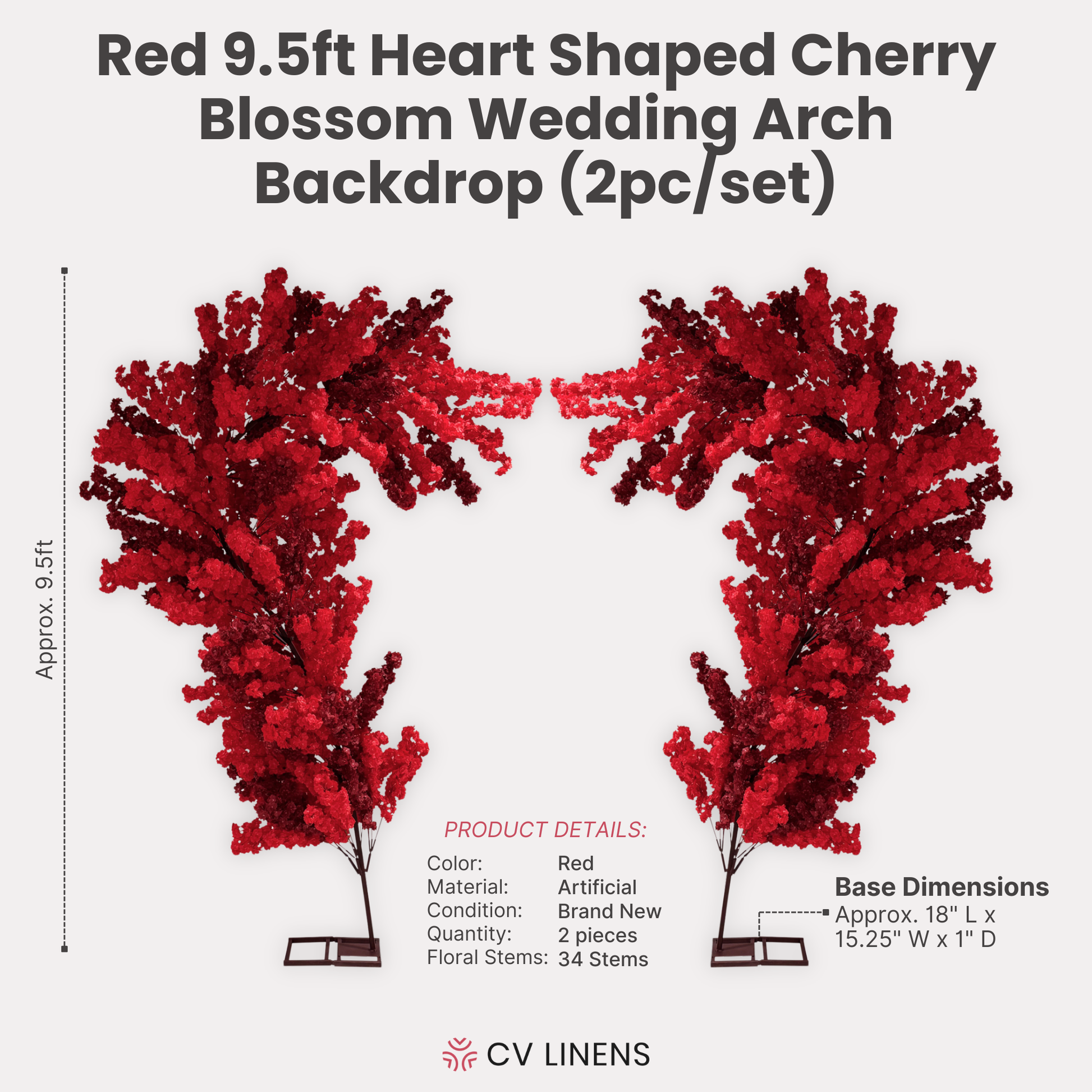9.5ft Heart Shaped Cherry Blossom Wedding Arch Backdrop (2pc/set) Red infographic showing height and base dimensions