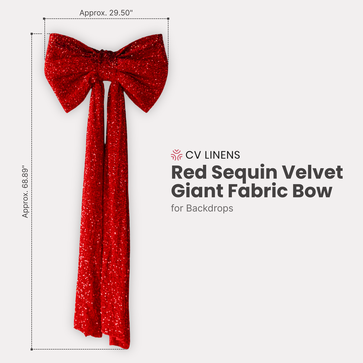 Sequin Velvet Giant Fabric Bow for Backdrop Red infographic showing product dimensions
