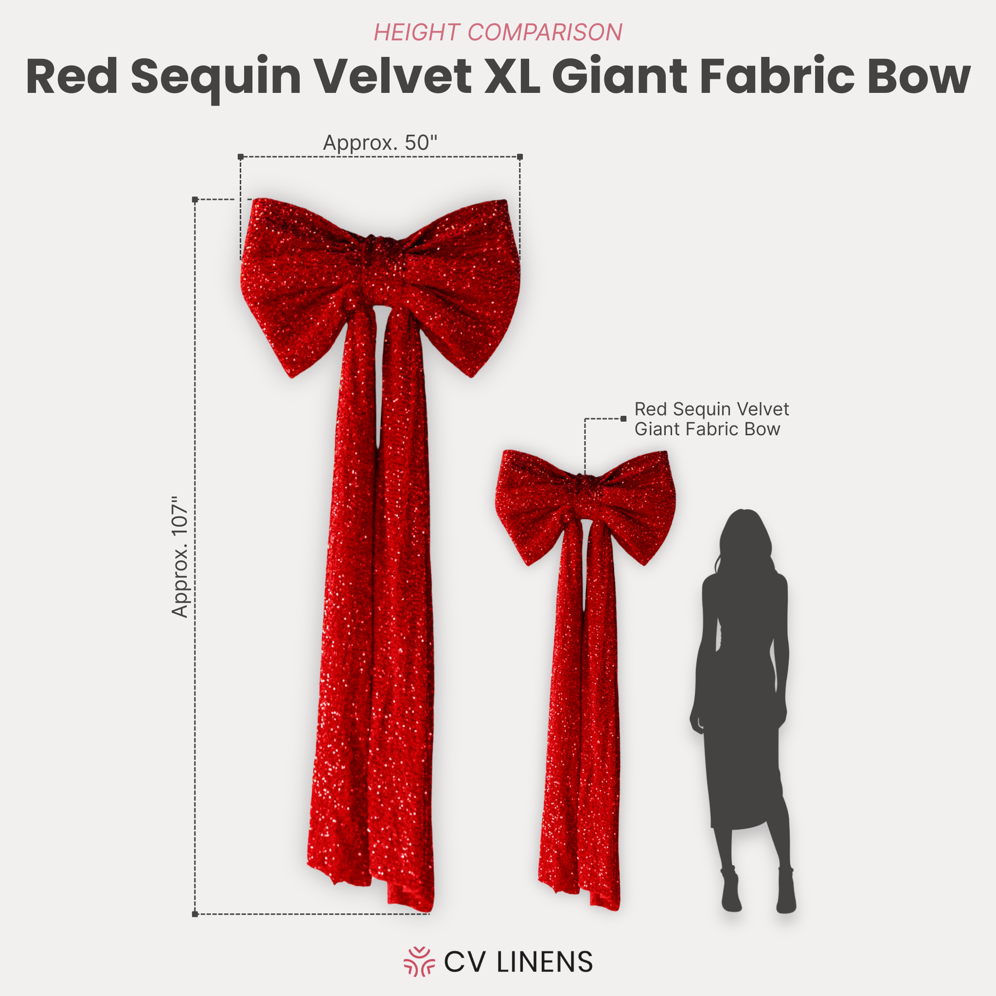 XL Sequin Velvet Giant Fabric Bow for Backdrop Red infographic showing height comparison

