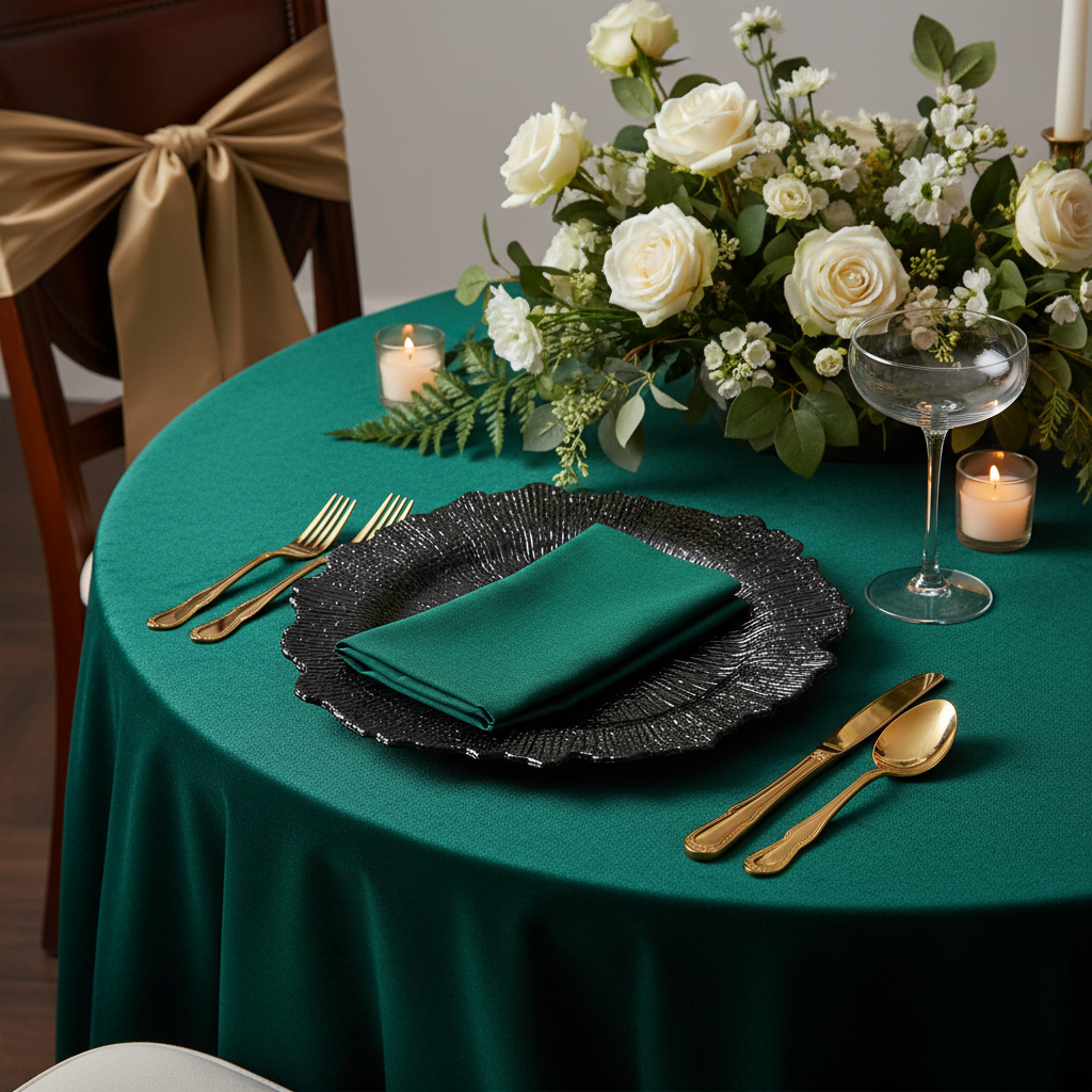 anniversary setup using Reef Acrylic Charger Plate - Black on top of emerald green tablecloth with emerald green napkin