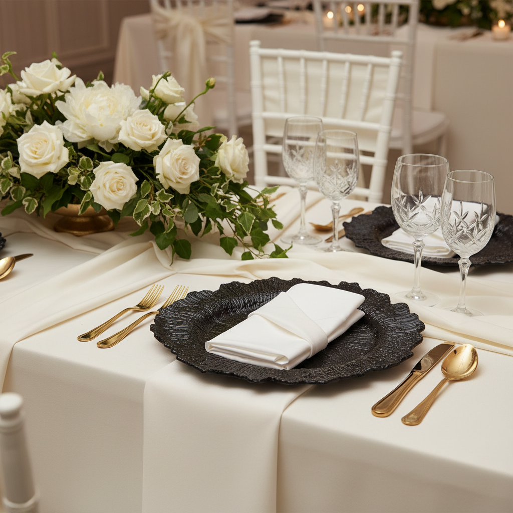 elegant wedding setup using Reef Acrylic Charger Plate - Black on top of ivory tablecloth