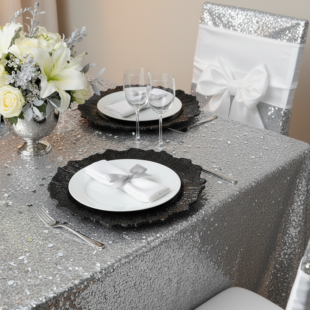 elegant birthday setup usingReef Acrylic Charger Plate - Black on top of glitz sequin tablecloth