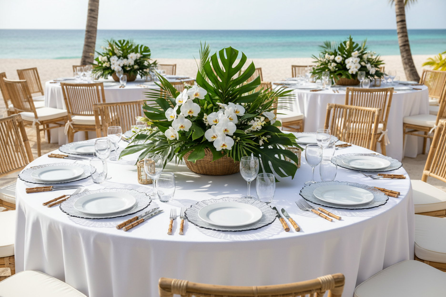 beach front wedding reception with Reef Acrylic Charger Plate - Clear Black Trim