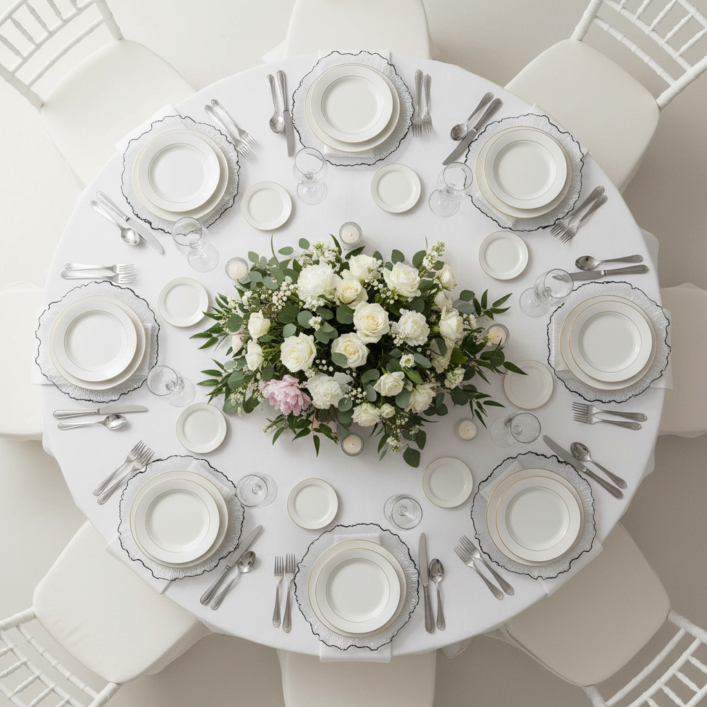top view wedding setup with Reef Acrylic Charger Plate - Clear Black Trim