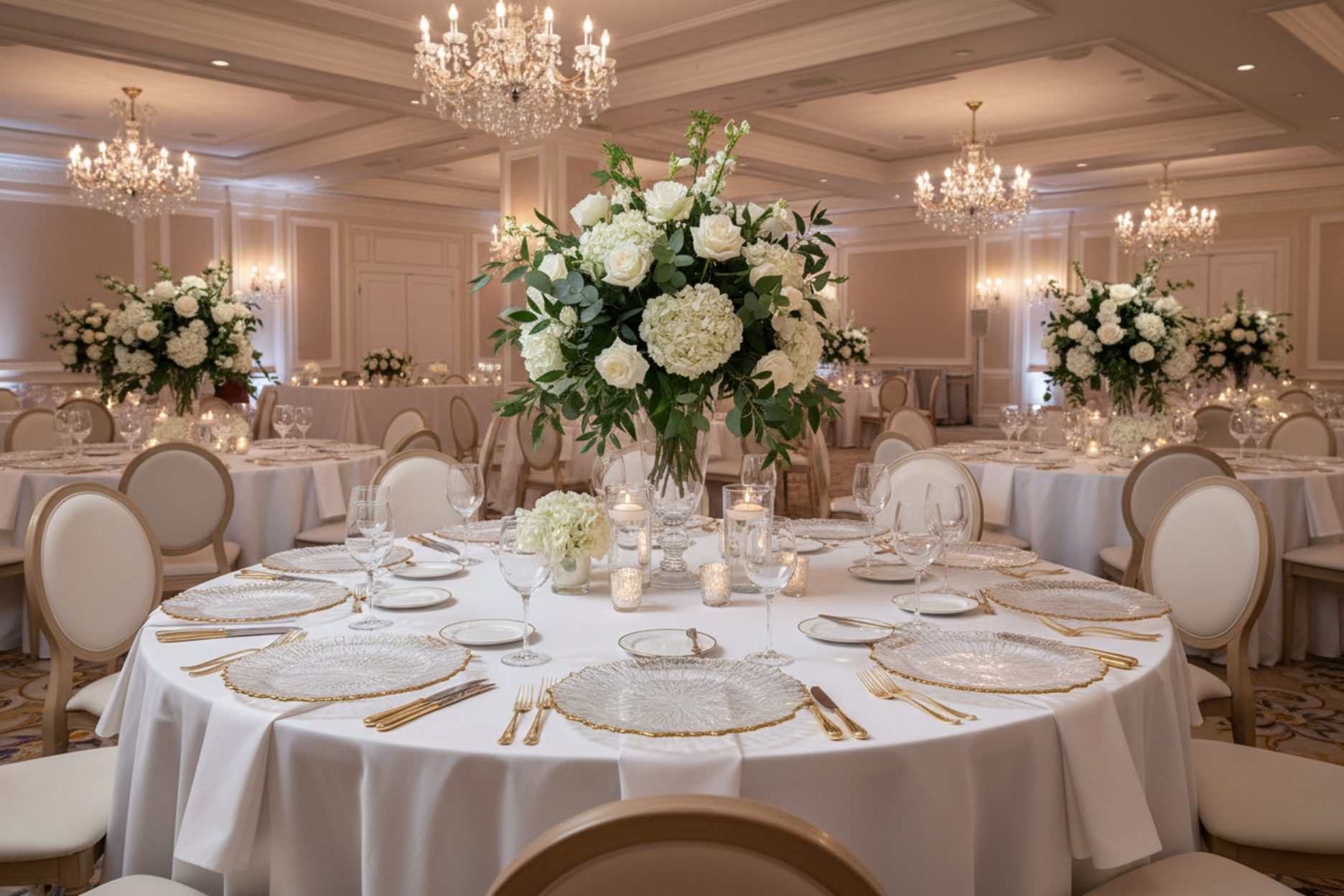 hotel wedding reception with Reef Acrylic Charger Plate - Clear Gold Trim